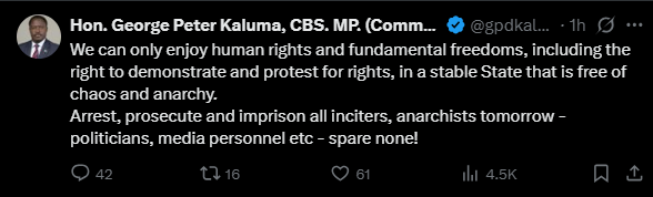 A post shared by Peter Kaluma on Tuesday, June 24, 2025, on his X account. PHOTO/Screengrab by K24 Digital from @gpdkaluma