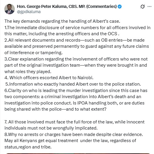 George Kaluma's key demands regarding the handling of Albert’s case