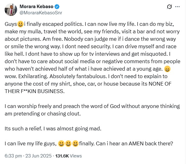 Morara Kebaso's post embracing freedom and personal life after escaping politics
