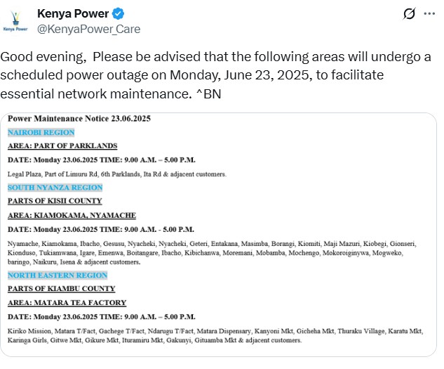 Kenya Power's planned power interruption announcement. PHOTO/@KenyaPower_Care