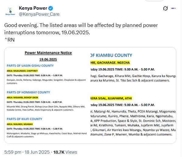 Kenya Power’s notice regarding the planned power blackout on Thursday, June 19, 2025. PHOTO/@KenyaPower_Care/X
