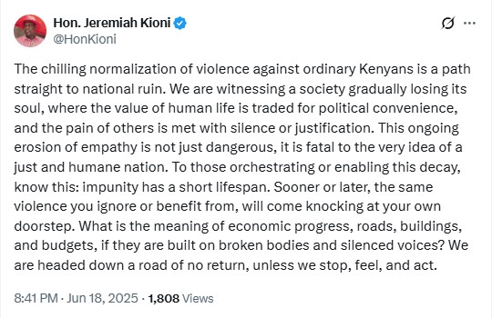 Jeremiah Kioni's statement warning against police brutality.