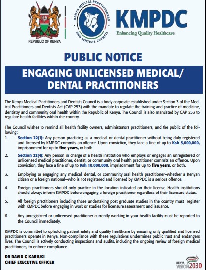 KMPDC's directives on health practitioners published on mygov. 