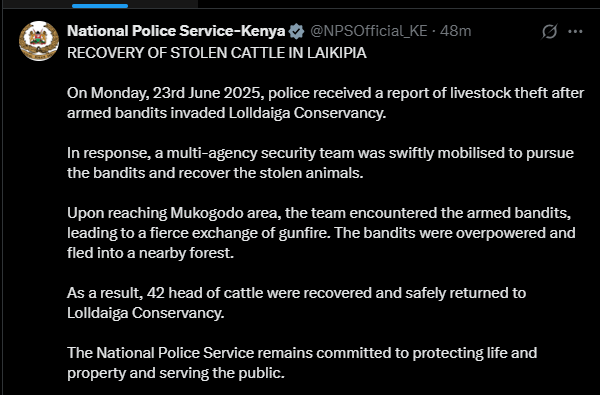 A post shared by NPS on Tuesday, June 24, 2025, on X. PHOTO/Screengrab by K24 Digital from @NPSOfficial_KE