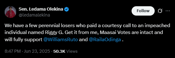 The statement shared by Ledama Olekina on Monday, June 23, 2025. PHOTO/Screengrab by K24 Digital/@ledamalekina/X
