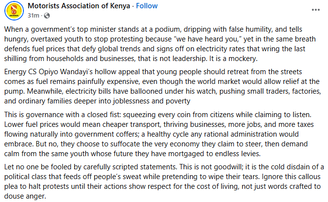 Statement by the Motorists Association of Kenya. PHOTO/https://www.facebook.com/motoristsoffice