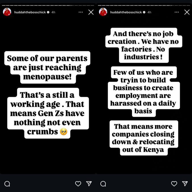 Posts made by Huddah Monroe on Thursday, June 26, 2025, on her Insta stories. PHOTO/Screengrab by K24 Digital from @huddahthebosschick