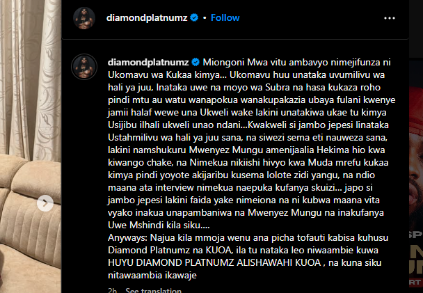 A post shared by Diamond Platnumz on Sunday, June 1, 2025, on his Instagram. PHOTO/Screengrab by K24 Digital from @diamondplatnumz