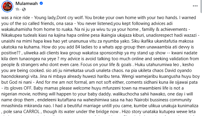 Comedian Mulamwah’s statement on June 19, 2025. PHOTO/ A screengrab of posts by https://web.facebook.com/mulamwah