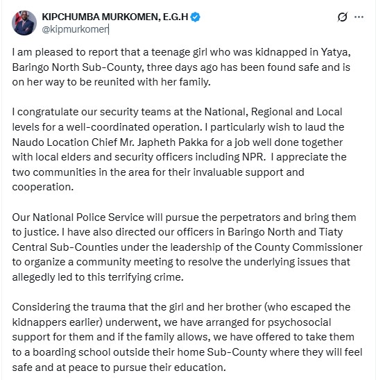Murkomen Issues Update on Teenage Girl Kidnapped in Baringo County