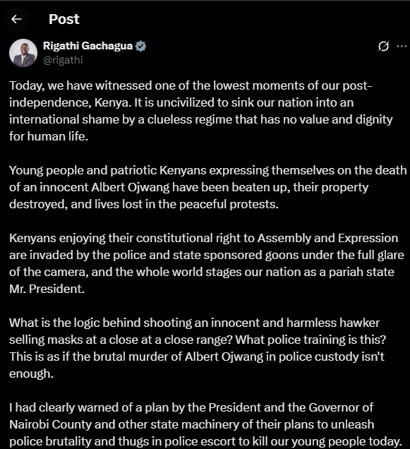 A part of the statement shared by Rigathi Gachagua on Tuesday, June 18, 2025, on his X account. PHOTO/Screengrab by K24 Digital from @rigathi