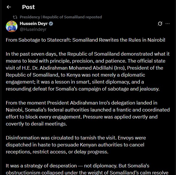 Part of the statement shared by Somaliland President's spokesperson Hussein Deyr on Monday, June 2, 2025. Screengrab by K24 Digital/@Huseindeyr/X
