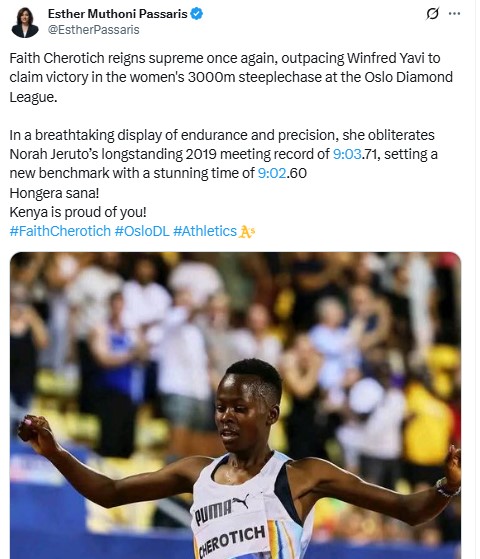 Esther Passaris congratulates Faith Cherotich after winning the women’s 3000m steeplechase at the Oslo Diamond League on Thursday, June 12, 2025.