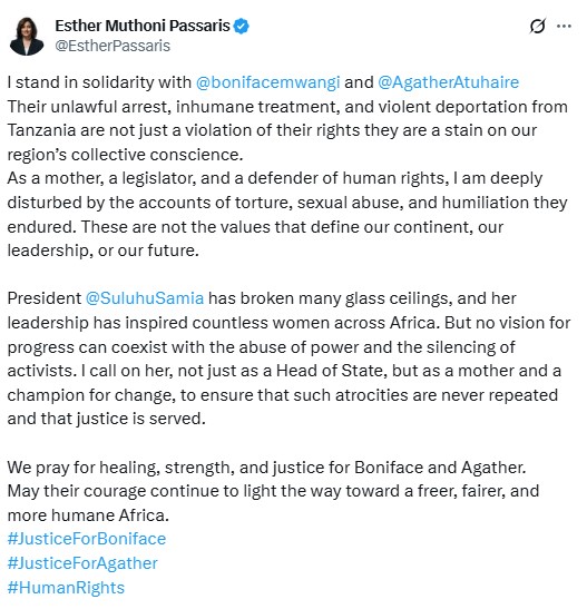 Esther Passaris calling for justice for Boniface Mwangi and Agather Atuhaire