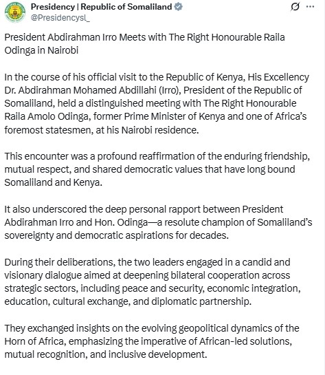 Part of the statement shared by the Spokesman for the President of the Republic of Somaliland, Hussein Aden Igeh (Deyr).