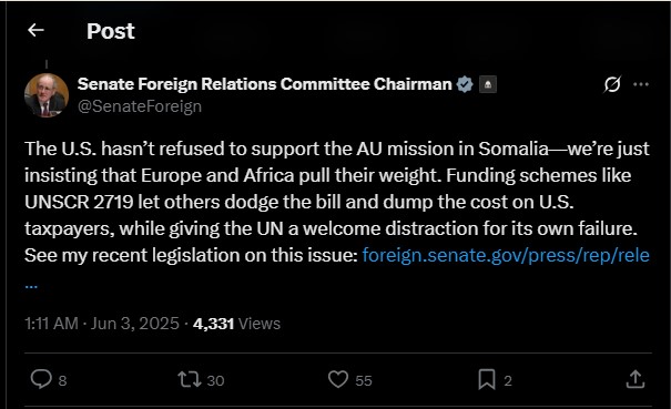 Part of the statement shared by Jim Risch on Tuesday June 3, 2025. PHOTO/screengrab by K24 Digital/@SenateForeign/X