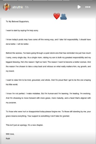 Ruth K's apology after bitter online spat with Mulamwah. PHOTO/@atruthk/Instagram