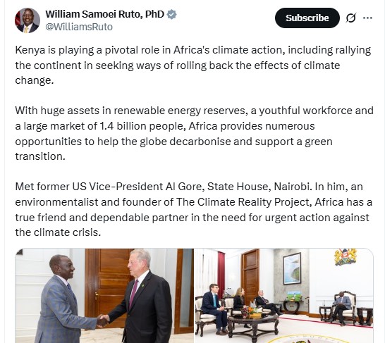 President William Ruto's statement after hosting  former US Vice President and environmentalist Al Gore at State House, Nairobi on June 13, 2025. PHOTO/@WilliamsRuto/X