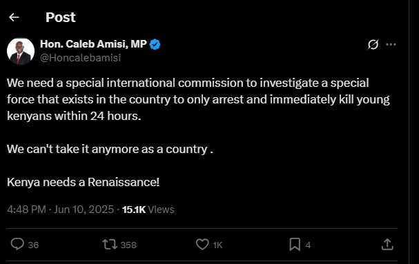 A post made by Caleb Amisi on Tuesday, June 10, 2025, on his X account. PHOTO/Screengrab b y K24 Digital from @Honcalebamisi
