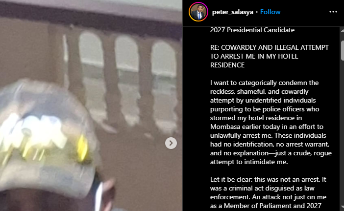 A post shared by MP Peter Salasya on Saturday, May 10, 2025, on his Instagram account. PHOTO/Screengrab by K24 Digital from @peter_salasya
