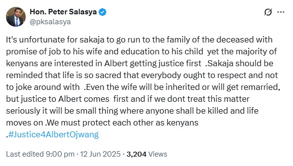 MP Peter Salasya's post critisising Johnson Sakaja. PHOTO/https://x.com/pksalasya/X