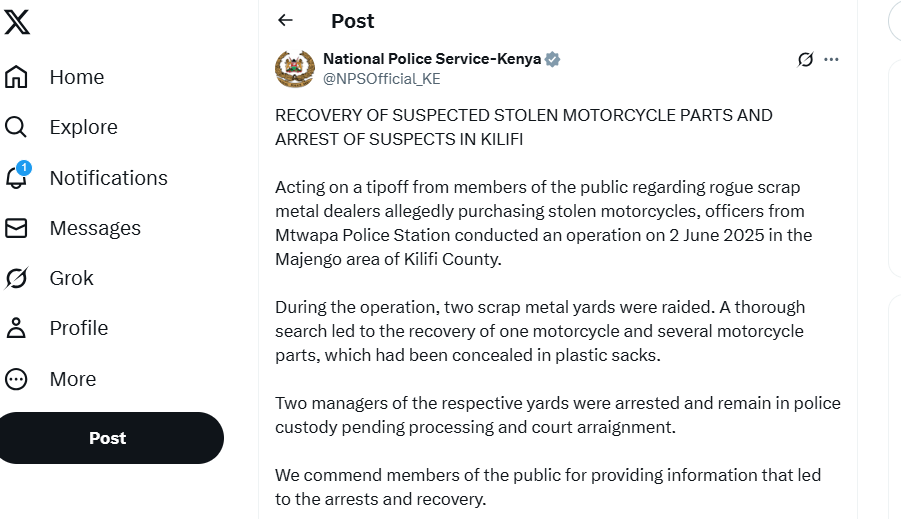 Motorcycle parts recovered during a police raid in Kilifi County on June 2, 2025. PHOTO/ Screengrab by K24 Digital