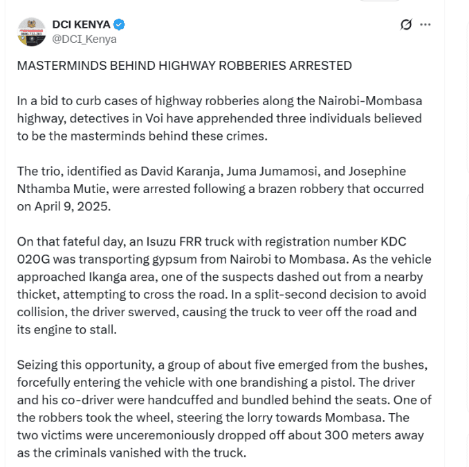 DCI's statement on the arrest of persons of interest linked to highway crime. PHOTO/A screengrab by K24 Digital from an X post by @DCI_Kenya