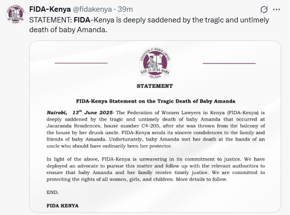 FIDA's statement on Baby Amanda's tragic loss. PHOTO/ A screengrab by K24 Digital