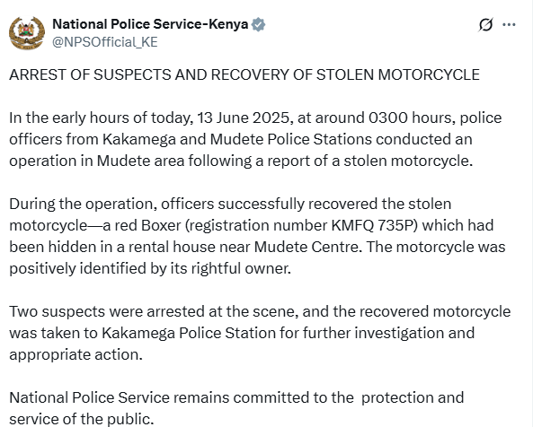 Statement from the National Police Service on the arrest of suspects and recovery of a stolen motorcycle, on June 13, 2025. PHOTO/ A screengrab by K24 Digital