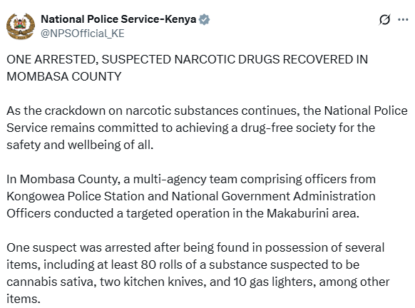 Statement by the National Police Service on the arrest and recovery of suspected narcotic drugs in Mombasa. PHOTO/ A screengrab by K24 Digital