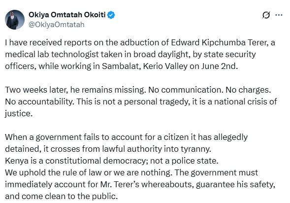 Statement by Okiya Omtatah. PHOTO/ A screengrab by K24 Digital