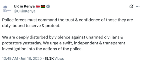 UK Embassy statement on police reaction against protestors. PHOTO/A screengrab by People Daily Digital from an X post by @UKinKenya
