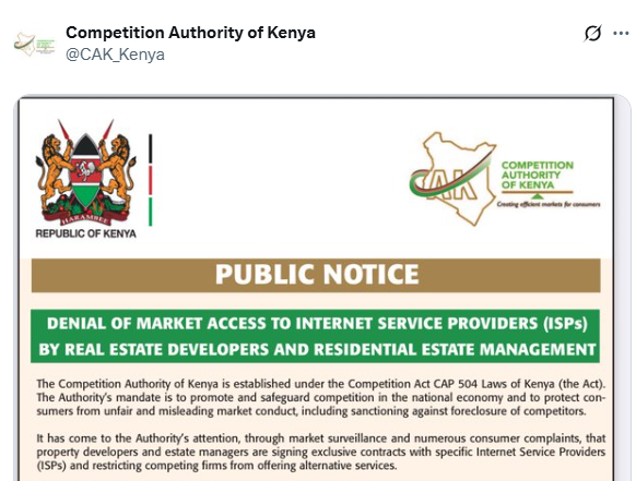 The statement by the Competition Authority of Kenya. PHOTO/A screengrab by K24 Digital