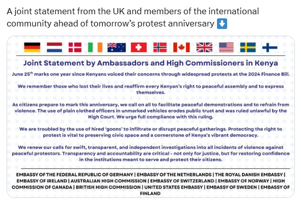 The joint statement by UK and other international partners ahead of June 25 protest anniversary. PHOTO/Screengrab by K24 Digital