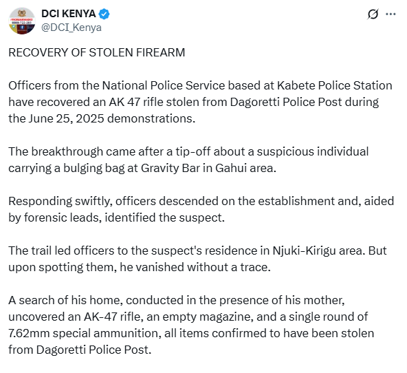 Statement form the DCI posted on X. PHOTO/ A screengrab by K24 Digital