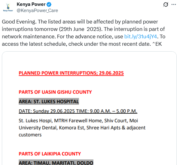 Kenya Power's statement on power interruption. PHOTO/A screengrab by K24 Digital