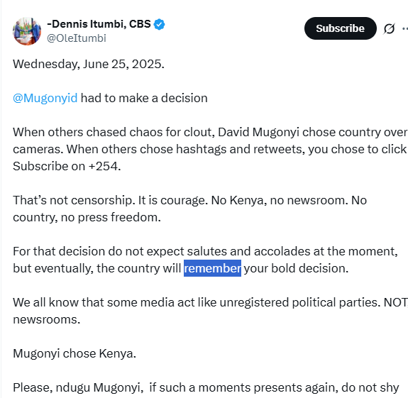 An X post by Dennis Itumbi. PHOTO/Screengrab by K24 Digital of an X post by @OleItumbi