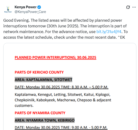 Statement from Kenya Power. PHOTO/@KenyaPower_Care/X