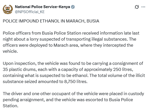 Statement from the police on the ethanol seizure. PHOTO/Screengrab by K24 Digital.