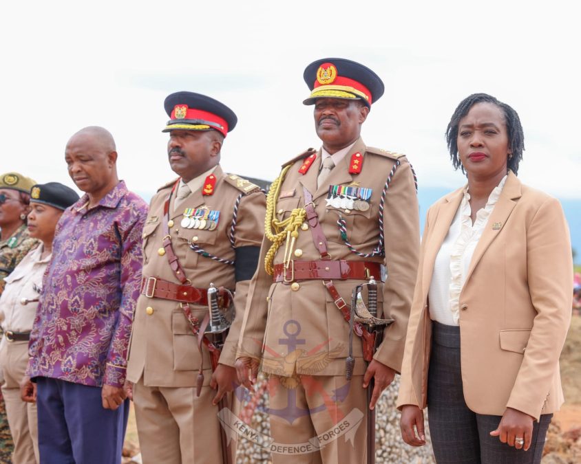 Defence Cabinet Secretary Soipan Tuya and officers posing for a photo during the unveiling of Joint Africa-India Commemorative Pillar at Mile 27 Railway Bridge—a historic World War I site in Mwatate. PHOTO/@kdfinfo/X