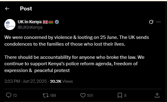 Part of the statement shared by UK in Kenya on Friday June 27, 2025. PHOTO/screengrab by K24 Digital/@UKinKenya/X