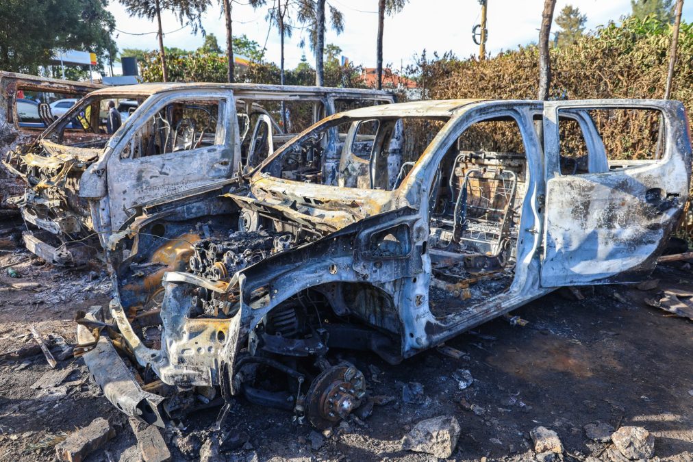 Charred vehicles set ablaze during Gen Z protests on June 25, 2025. PHOTO/@NPSOfficial_KE/X