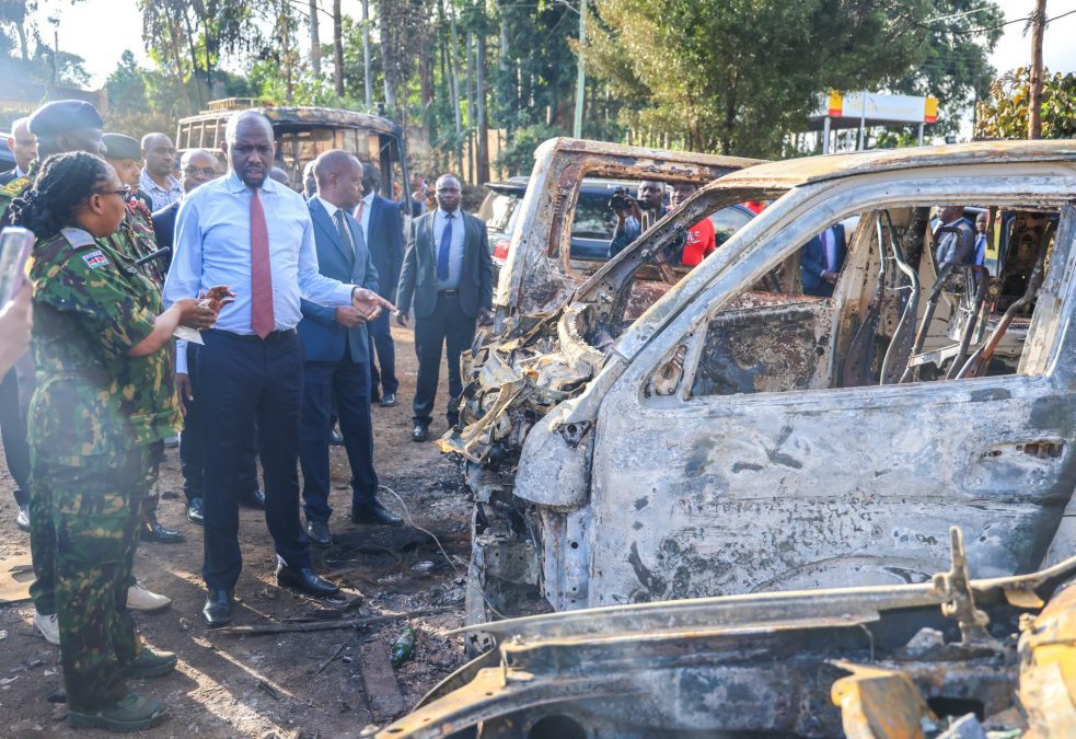 Interior CS Murkomen examines burned-out vehicles after Gen Z demonstrations during an inspection in Nairobi on June 26, 2025. PHOTO/@NPSOfficial_KE/X