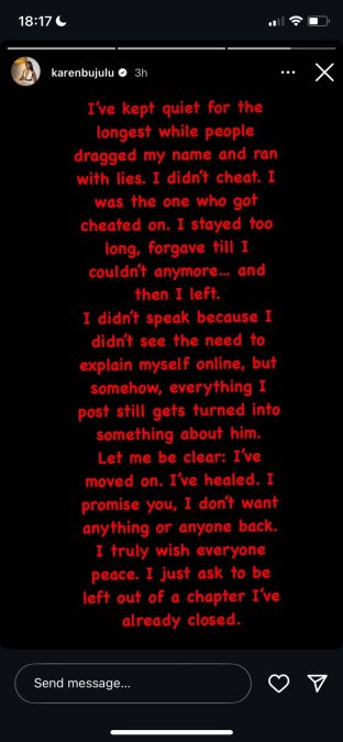 A post shared by Karen Bulu on her Instagram stories on Wednesday, June 4, 2025. PHOTO/Screengrab by K24 Digital from @karenbujulu