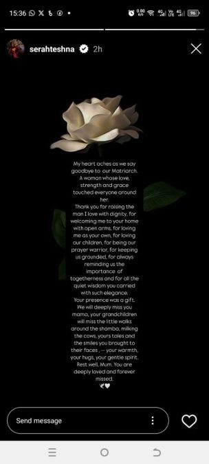 Serah Teshna's emotional tribute. PHOTO/@serahteshna/Instagram