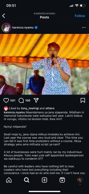 A post shared by Karen Nyamu on Thursday, June 26, 2025, on her Instagram page. PHOTO/Screengrab by K24 Digital from @karenzo.nyamu