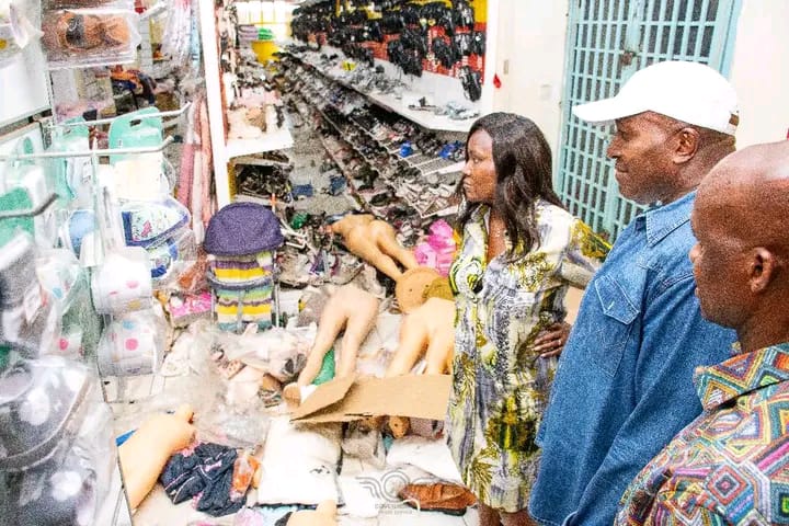 Embu governor Cecily Mbarire, together with his deputy Kinyua Mugo and Embu senator Alexander Mundigi, when they toured the looted Mathai supermarket. PHOTO/ Brian Malila