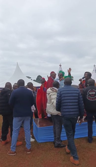 Mukuruini MP John Kaguchia when he was sealed from angry church attendees who cut short his speech. PHOTO/K24 digital reporter