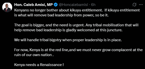 A screenshot of a statement by Caleb Amisi on June 22, 2025. PHOTO/@Honcalebamisi/X