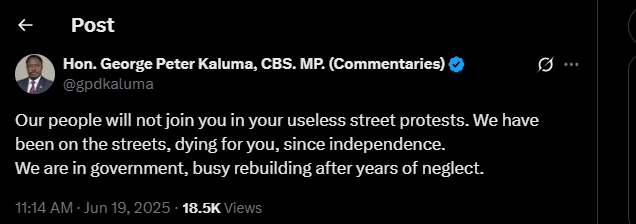 A post shared by MP Peter Kaluma on Thursday, June 19, 2025, on his X account. PHOTO/Screengrab by K24 Digital from @gpdkaluma/X